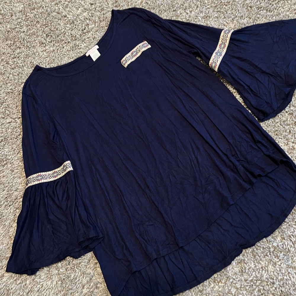 Pink Peony || Navy Blue Bell Sleeve Blouse